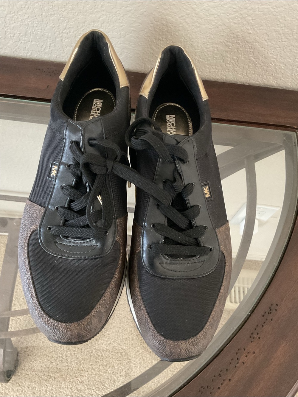 Michael Kors Black and Brown Platform Sneakers with Gold Trim - Picture 3 of 9